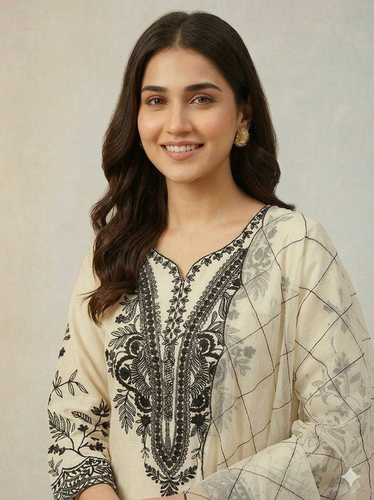 Cream Embroidered Kurta Palazzo Set with Dupatta
