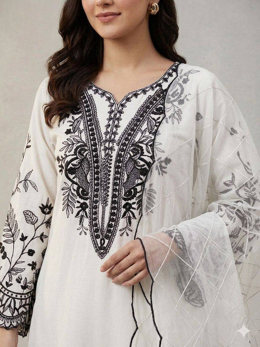 White Embroidered Kurta Palazzo Set with Dupatta