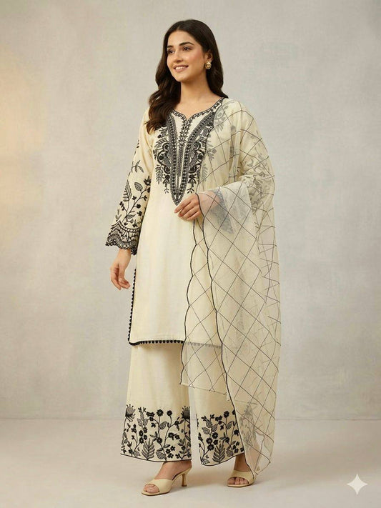 Cream Embroidered Kurta Palazzo Set with Dupatta