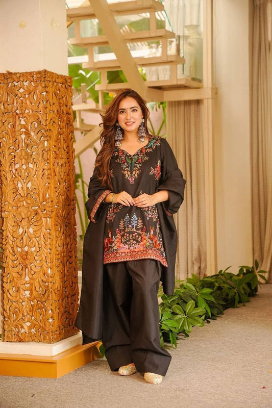 Black Nature-Inspired Embroidered Kurta and Palazzo Set