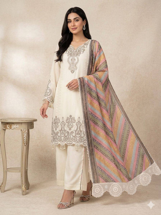 Ivory Embroidered Salwar Suit with Multi-Color Dupatta