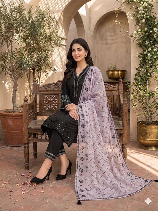 Black Embroidered Pakistani Suit with Lilac Dupatta