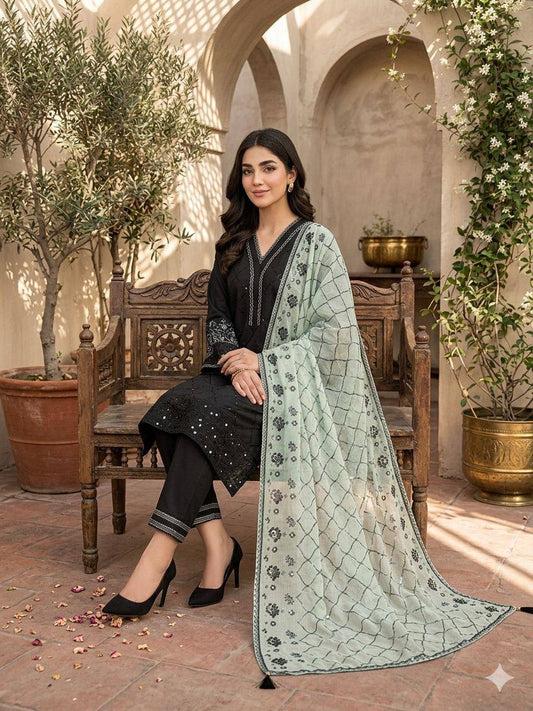 Black Embroidered Pakistani Suit with Mint Green Dupatta