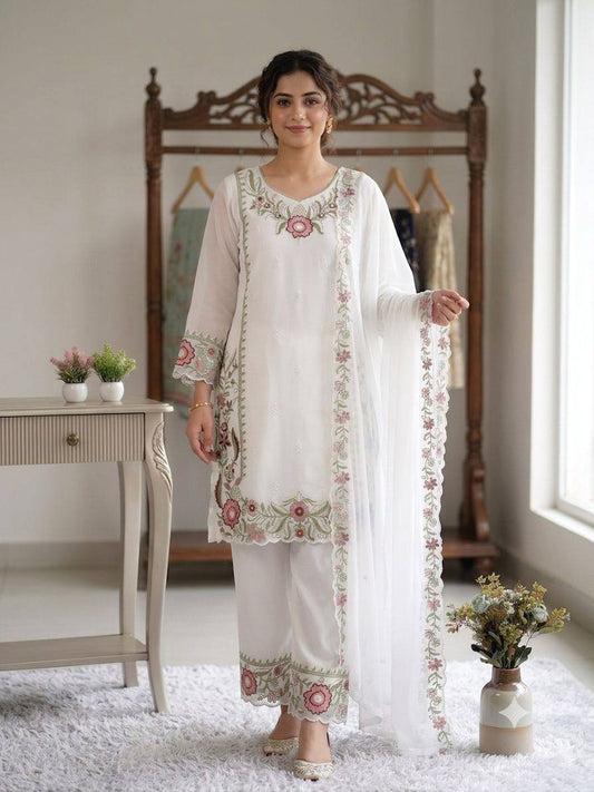 White Rose Embroidered Pakistani Pant Set