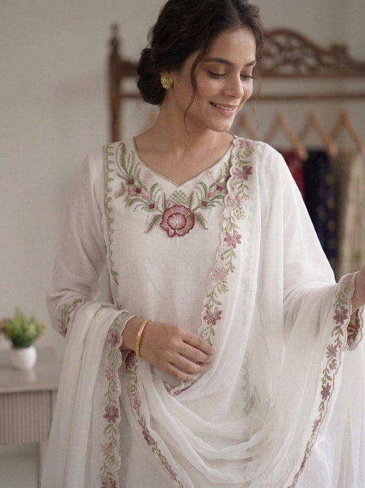 White Rose Embroidered Pakistani Pant Set