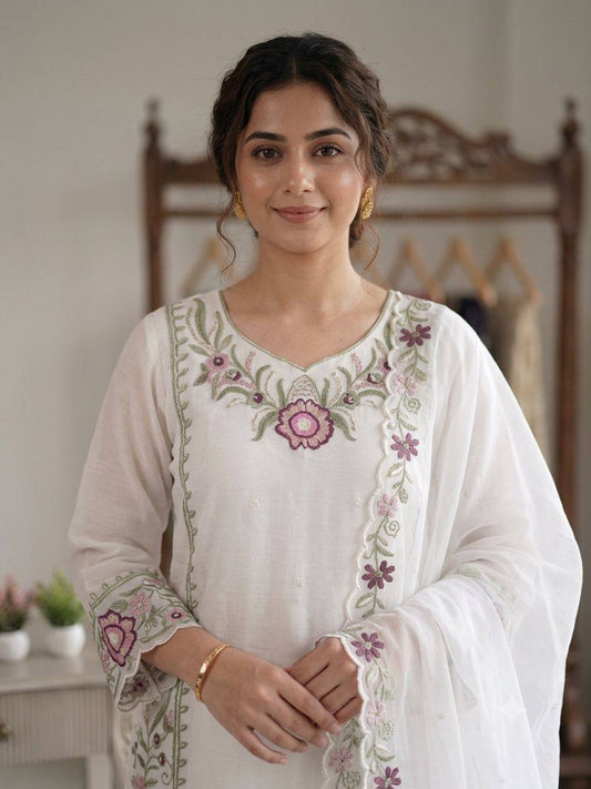 White Mauve Floral Embroidered Pakistani Pant Set