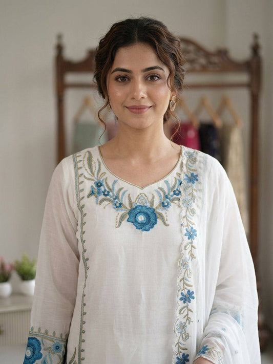 White Floral Embroidered Pakistani Pant Set