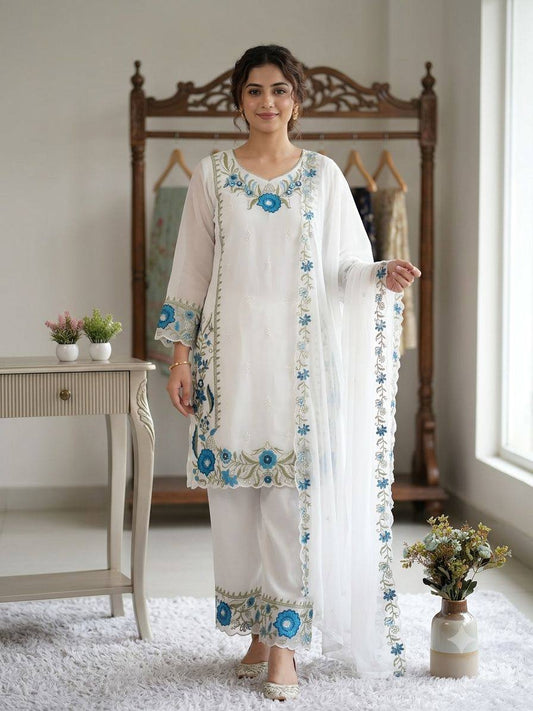 White Floral Embroidered Pakistani Pant Set
