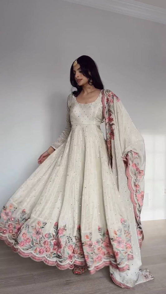 Ivory Silk Anarkali Gown with Embroidered Floral Scallop Dupatta Set