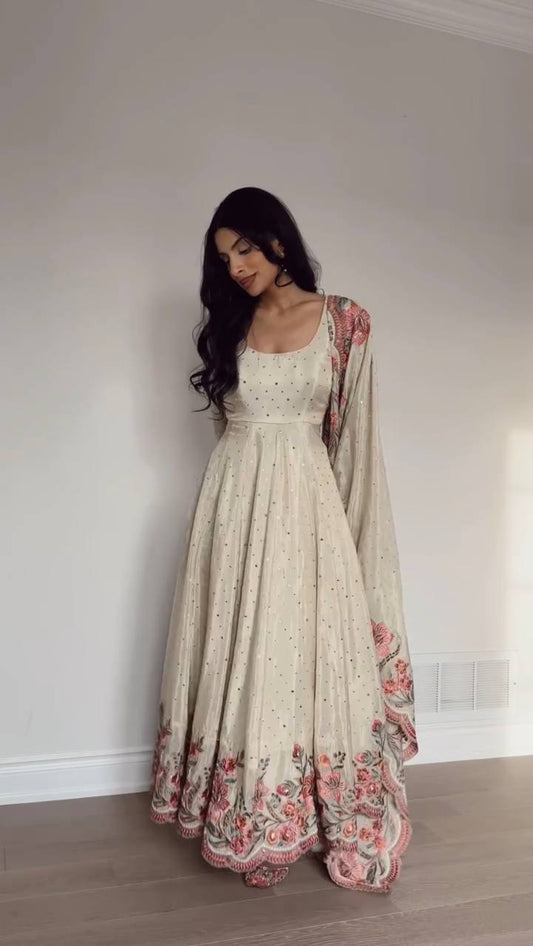 Ivory Silk Anarkali Gown with Embroidered Floral Scallop Dupatta Set