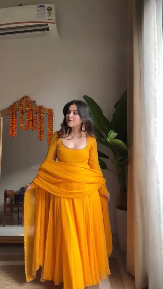 Sunshine Yellow Georgette Anarkali Gown with Dupatta