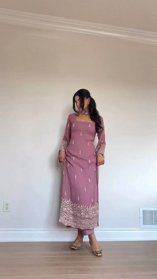 Dusty Mauve Pink Georgette Straight Kurti Pant Set with Sequin Zari Border