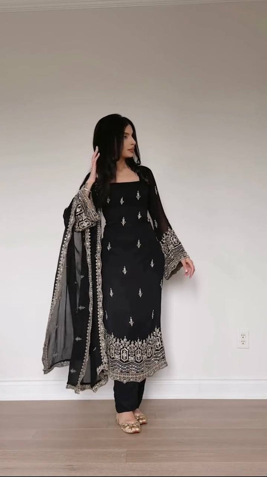 Jet Black Embroidered Roman Glass Georgette Straight Kurta Pant Set with Dupatta