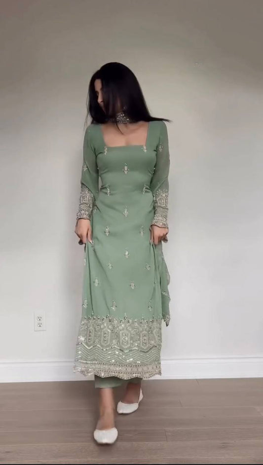 Sage Green Embroidered Roman Glass Georgette Straight Kurta Pant Set with Dupatta