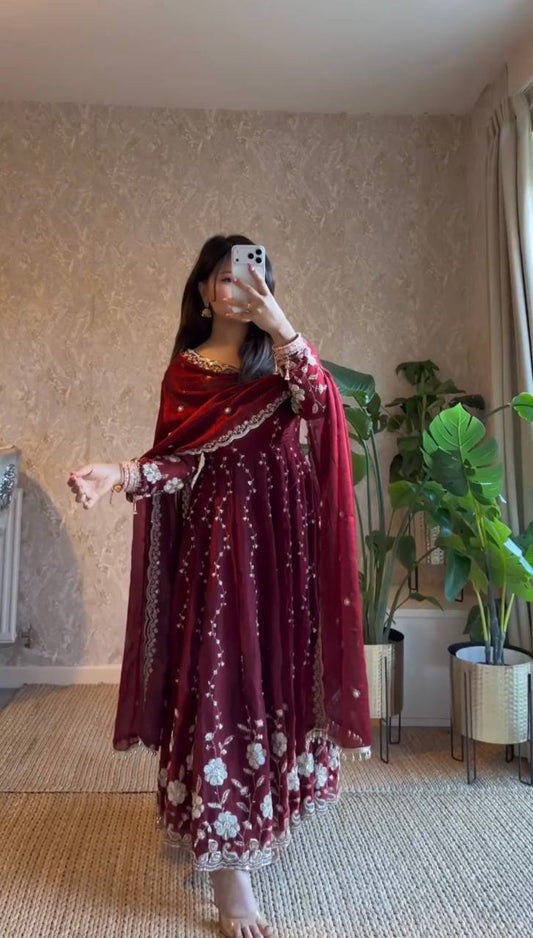 Wine Georgette Anarkali Gown with Heavy Floral Embroidery