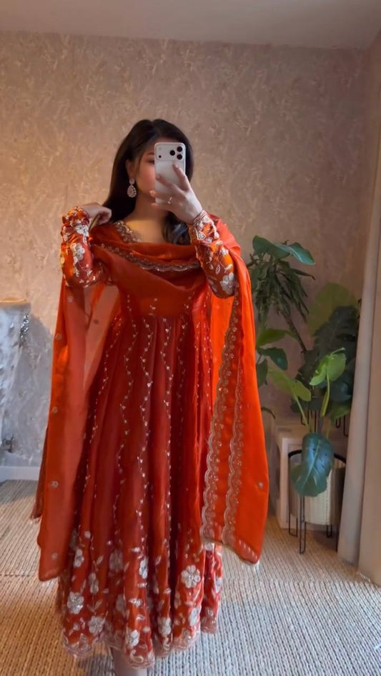 Rust Orange Embroidered Fendy Silk Anarkali Gown with Scalloped Dupatta Set