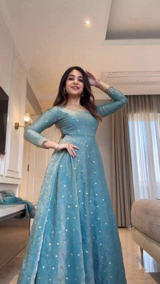 Sky Blue Metallic Tissue Anarkali Gown Set