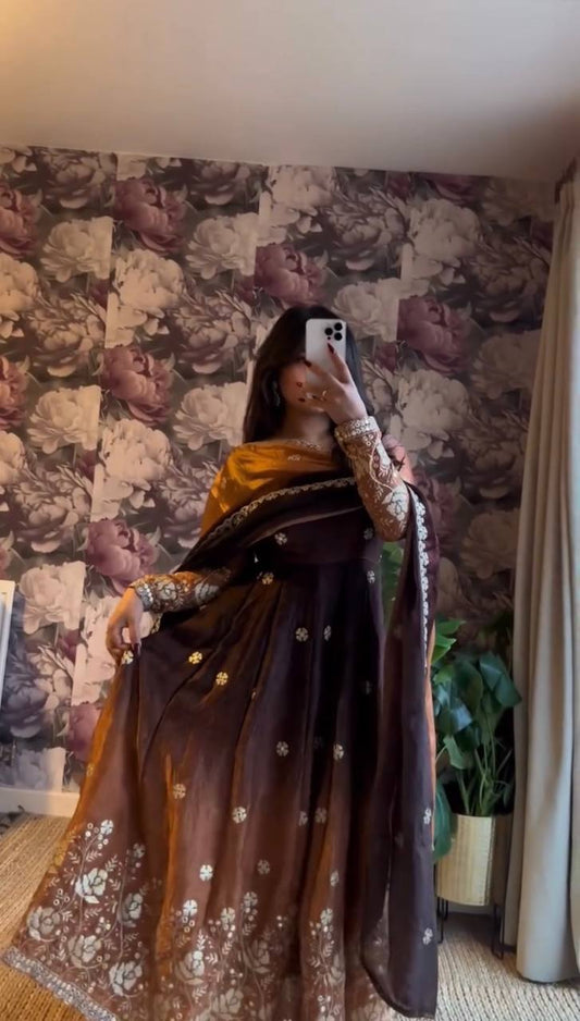 Elegant Coffee Brown Ombré Silk Anarkali Gown with Zari Floral Embroidery Set