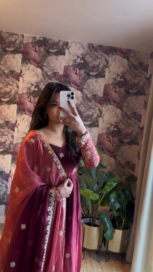 Elegant Wine Maroon Silk Anarkali Suit with Embroidered Dupatta Set