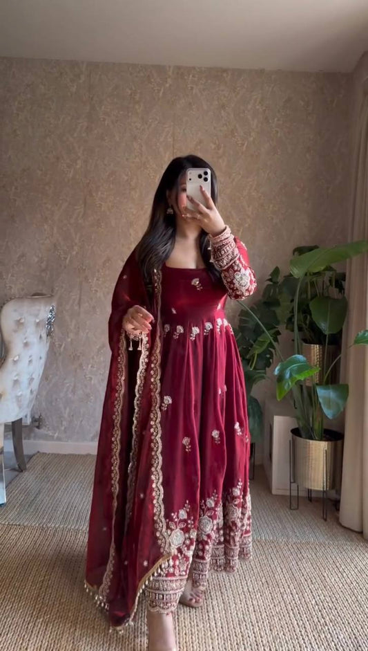 Deep Maroon Silk Anarkali Suit Set with Dense Zari Floral Embroidery