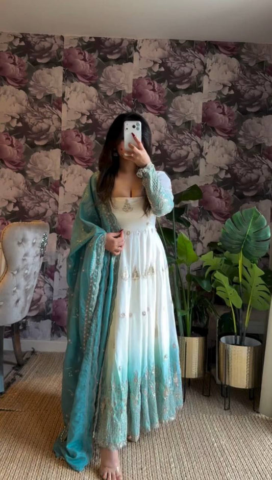 Ombre Turquoise and White Georgette Embroidered Anarkali Set