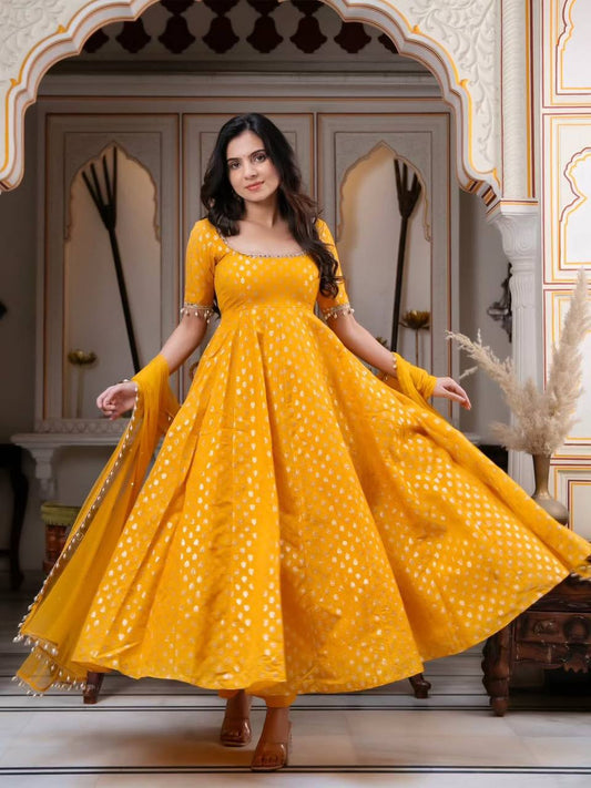 Mustard Chanderi Jacquard Butti Padded Anarkali - 1
