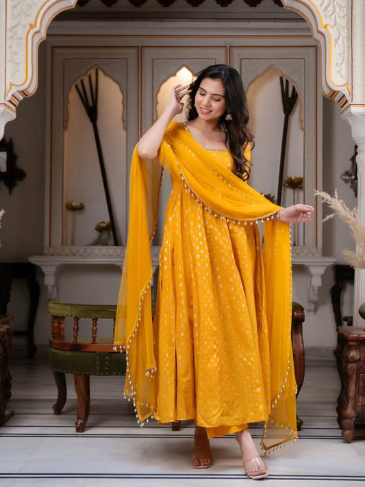 Mustard Yellow Brocade Anarkali Set