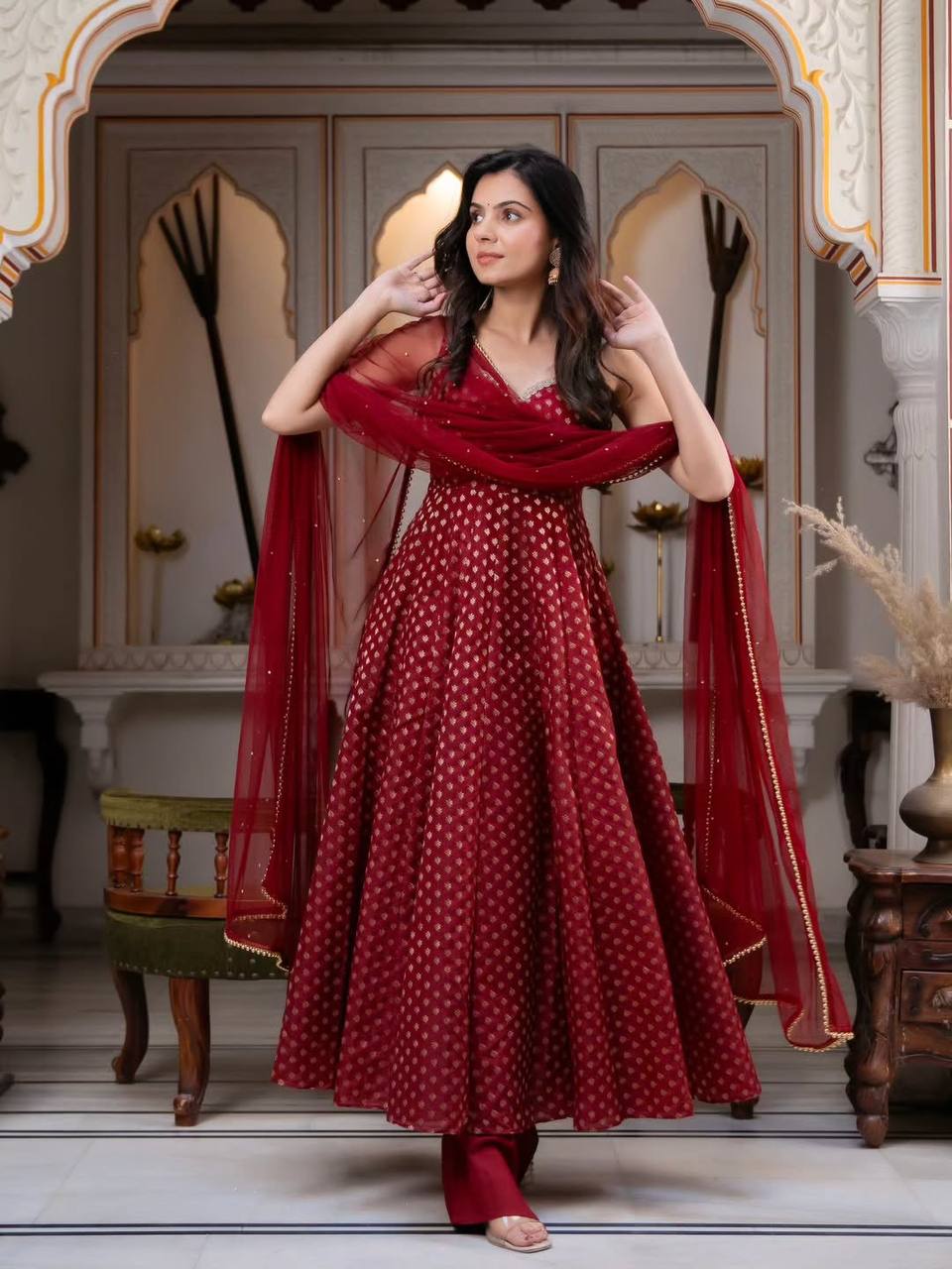 Red Chanderi Jacquard Butti Sleeveless Anarkali - 1