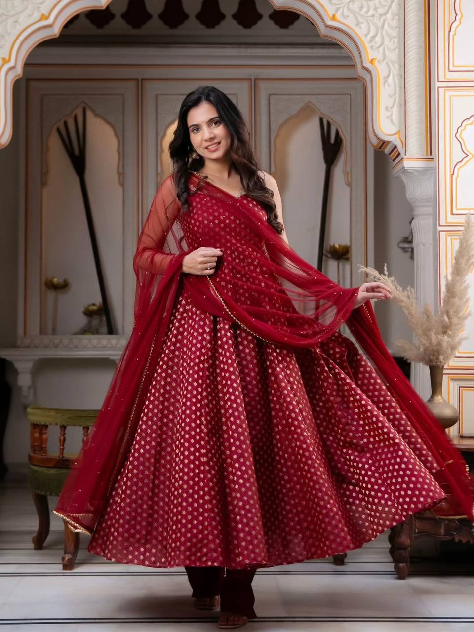 Red Chanderi Jacquard Butti Sleeveless Anarkali - 2