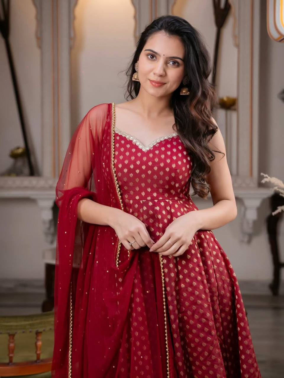 Red Chanderi Jacquard Butti Sleeveless Anarkali - 3