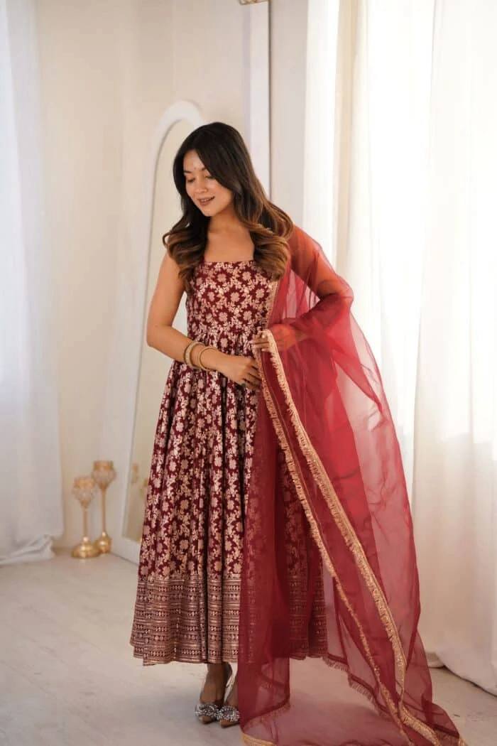 Maroon Chanderi Jacquard Butti Sleeveless Anarkali - 1