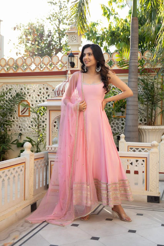 Pink Sleeveless Anarkali with Pearl & Mirror Work Dupatta - 1