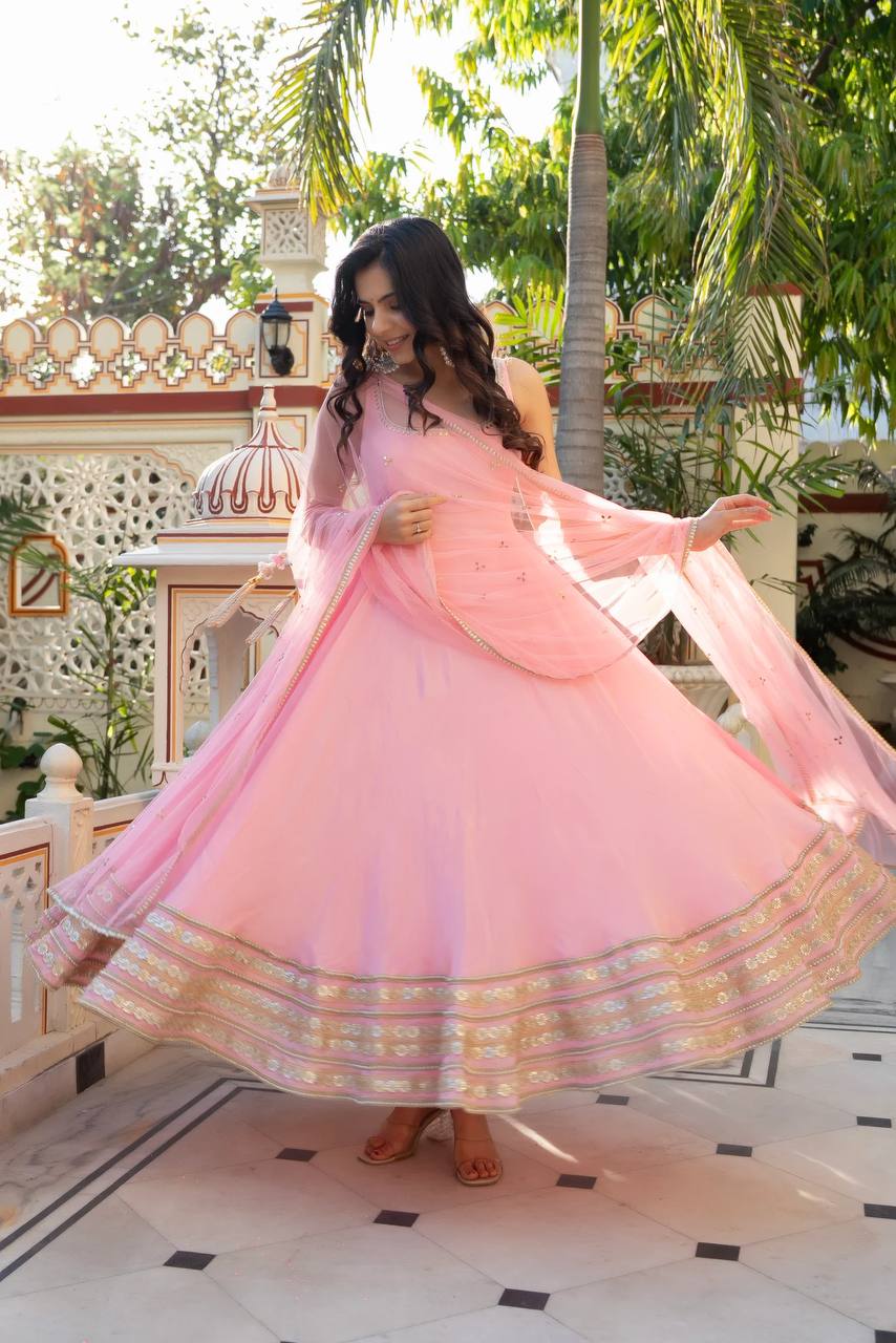 Pink Sleeveless Anarkali with Pearl & Mirror Work Dupatta - 2