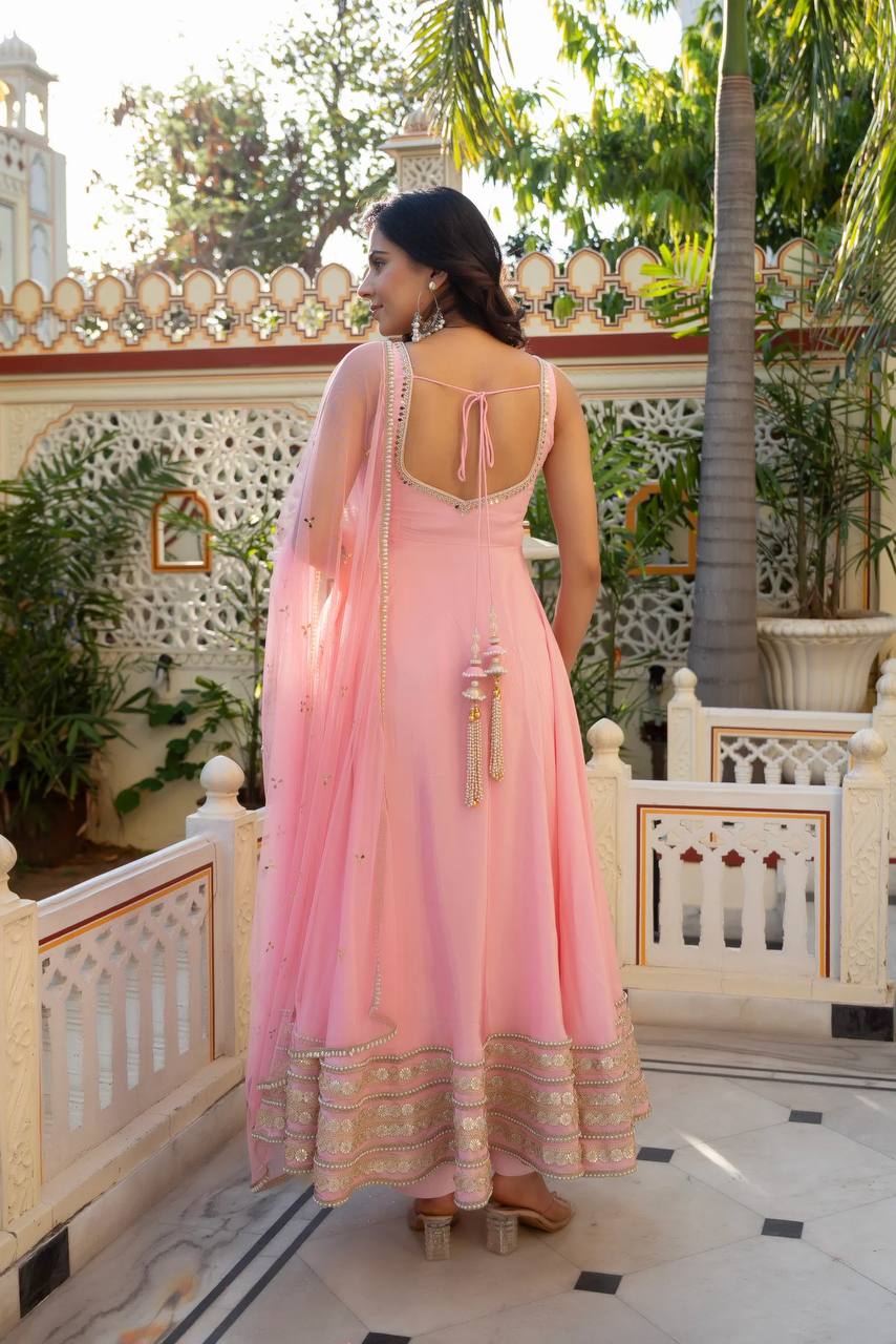 Pink Sleeveless Anarkali with Pearl & Mirror Work Dupatta - 5