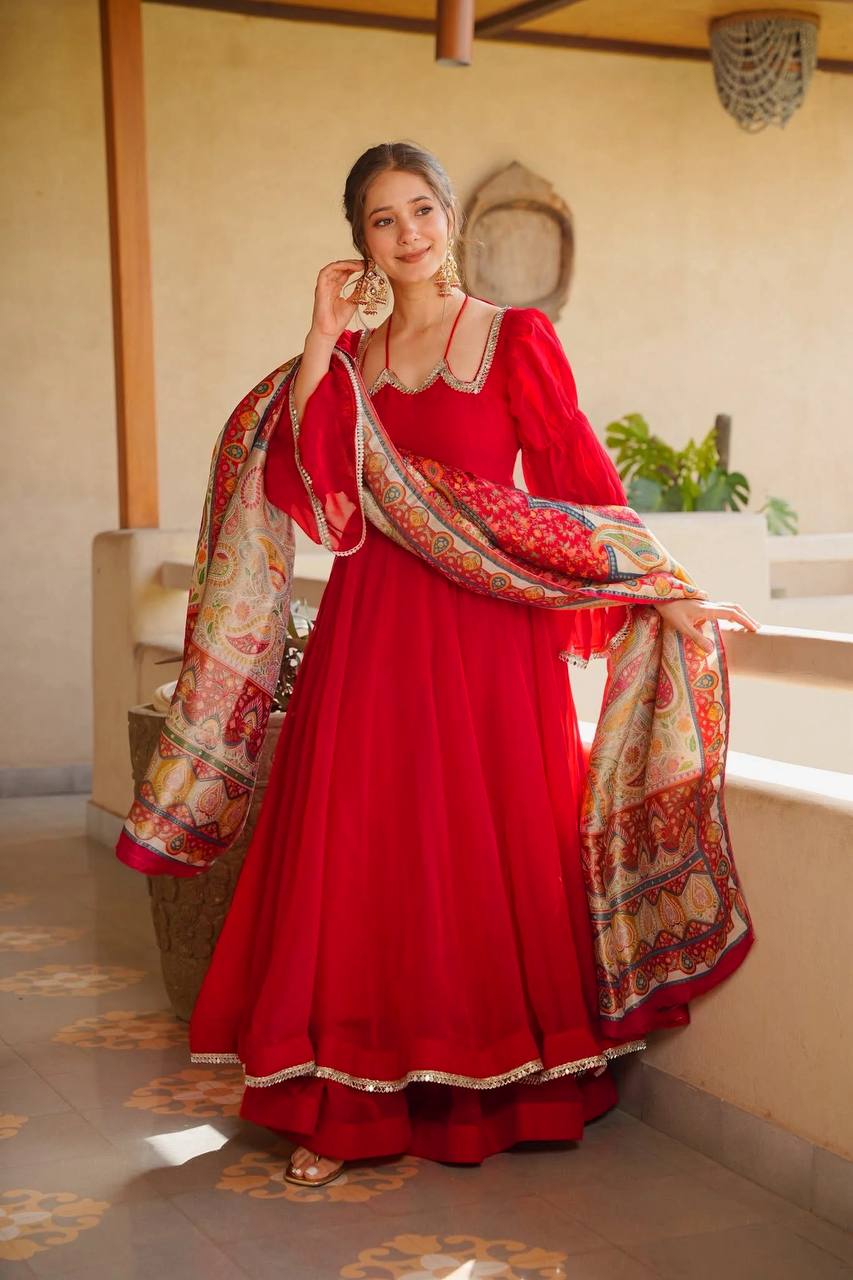 Red Anarkali with Scalloped Mirror Neckline - 2