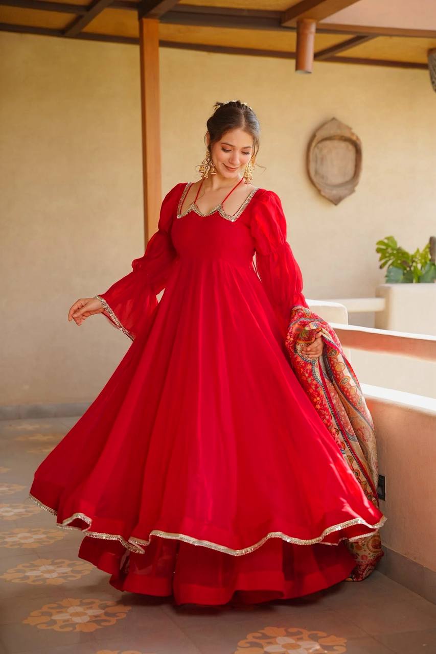 Red Anarkali with Scalloped Mirror Neckline - 3