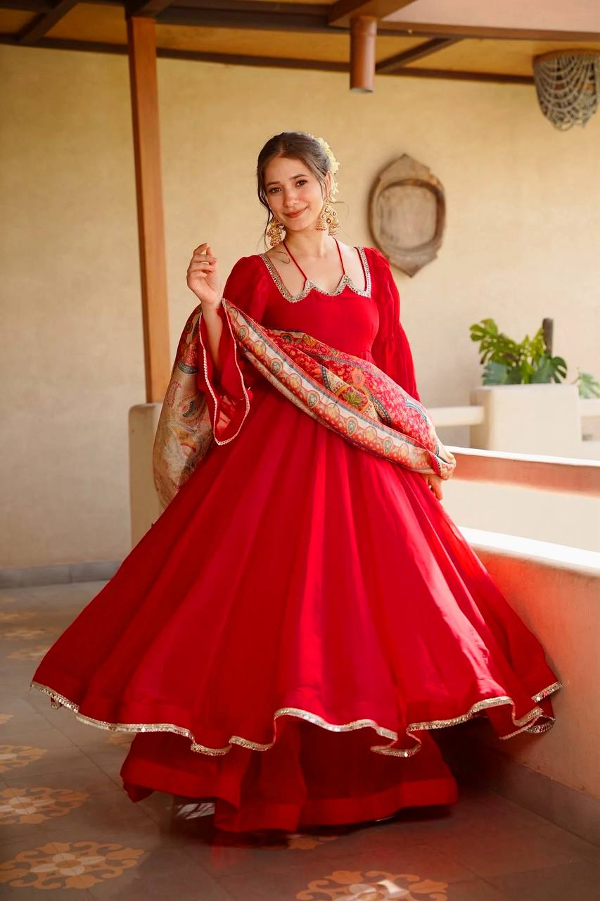 Red Anarkali with Scalloped Mirror Neckline - 4