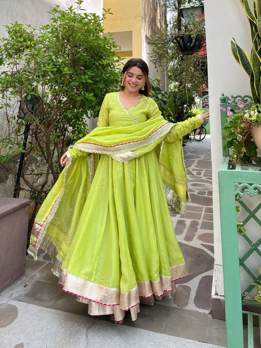 Angrakha Anarkali Lehenga Set - Parrot Green - 1