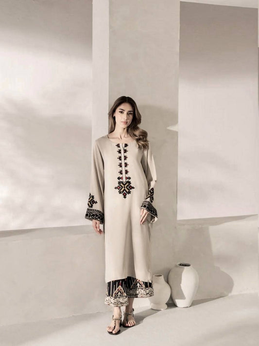 Beige Tribal Embroidered Kurta Palazzo Set - 1
