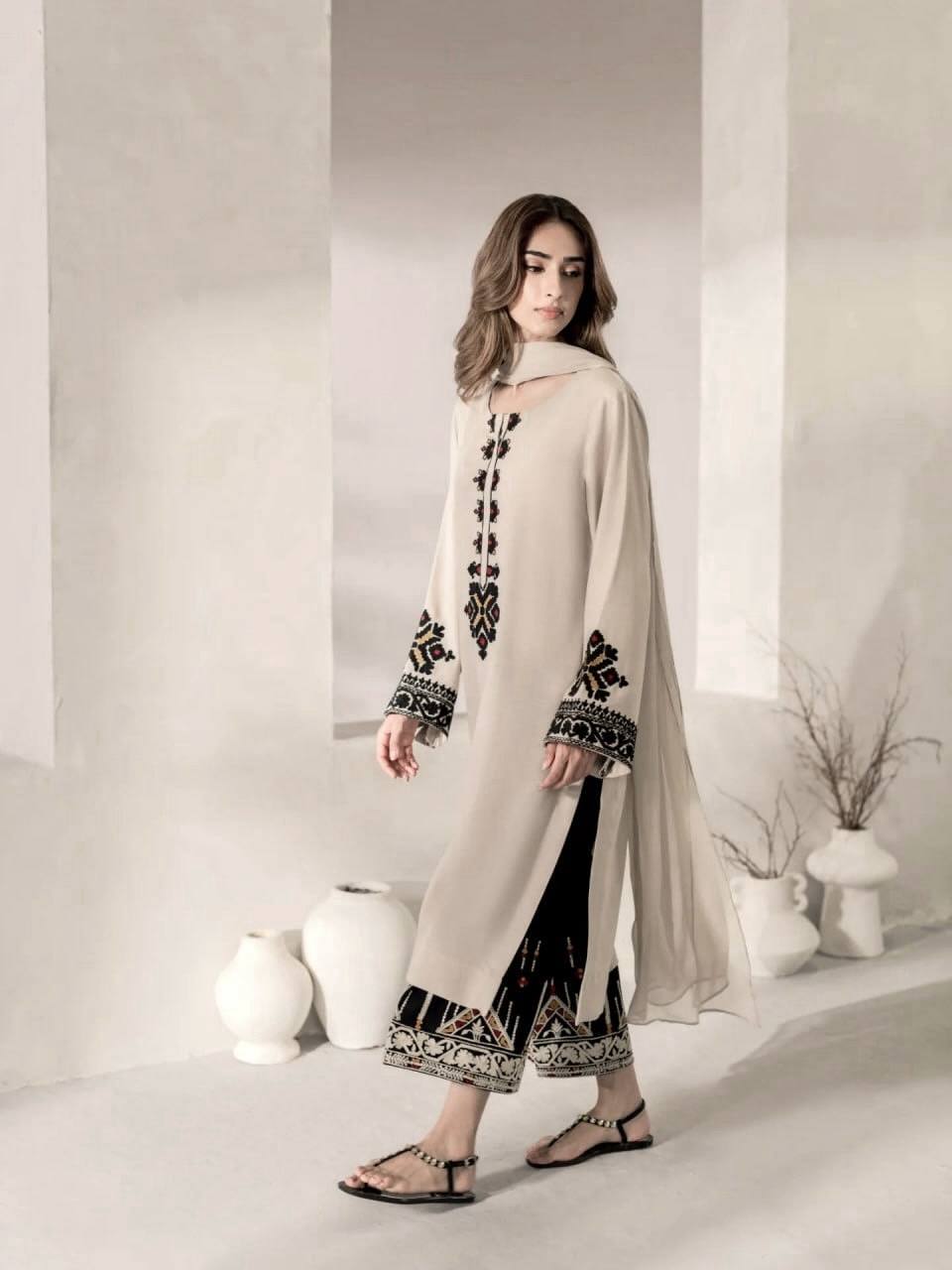Beige Tribal Embroidered Kurta Palazzo Set - 2