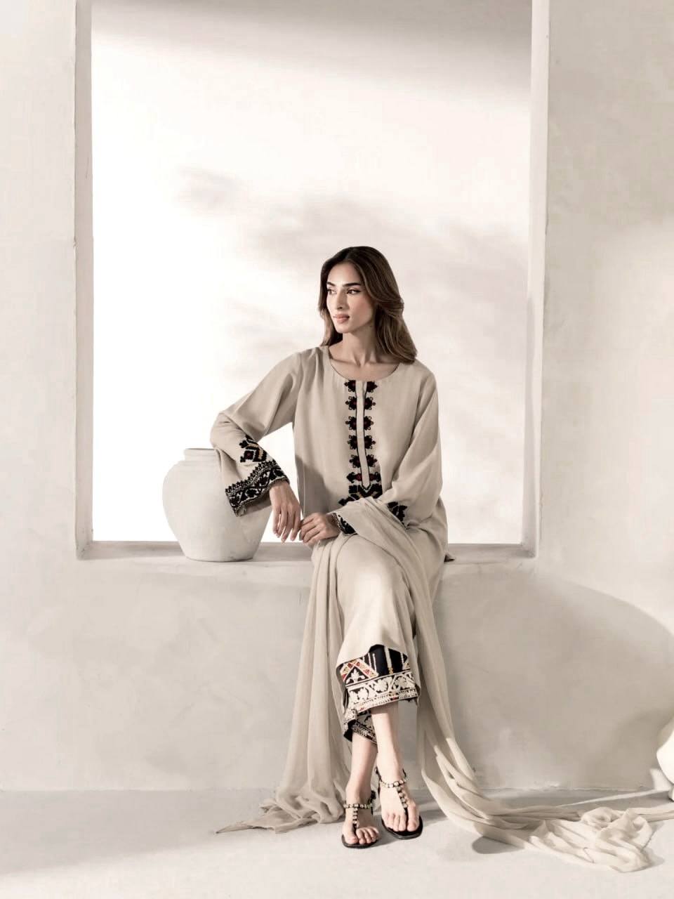 Beige Tribal Embroidered Kurta Palazzo Set - 3