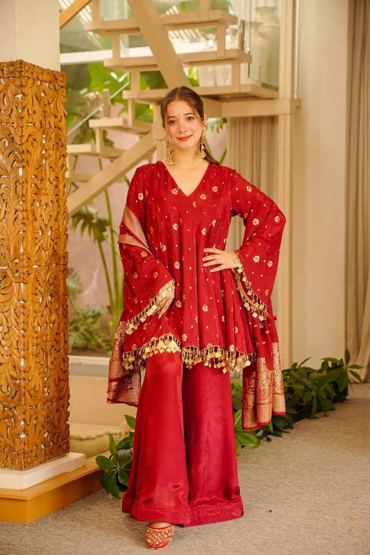 Maroon Peplum Top with Palazzo - 1