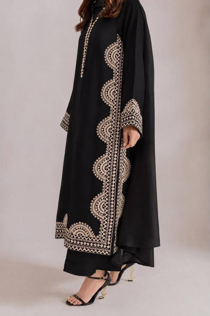 Oversized Embroidered Straight Kurta Suit - Black - 3