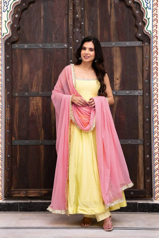 Butter Yellow Sleeveless Anarkali Suit with Pink Dupatta - 1