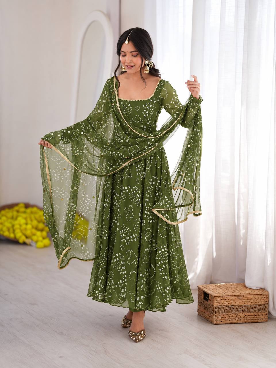 Bandhani Print Anarkali Suit with Mirror Work Dupatta - Olive Green - 1