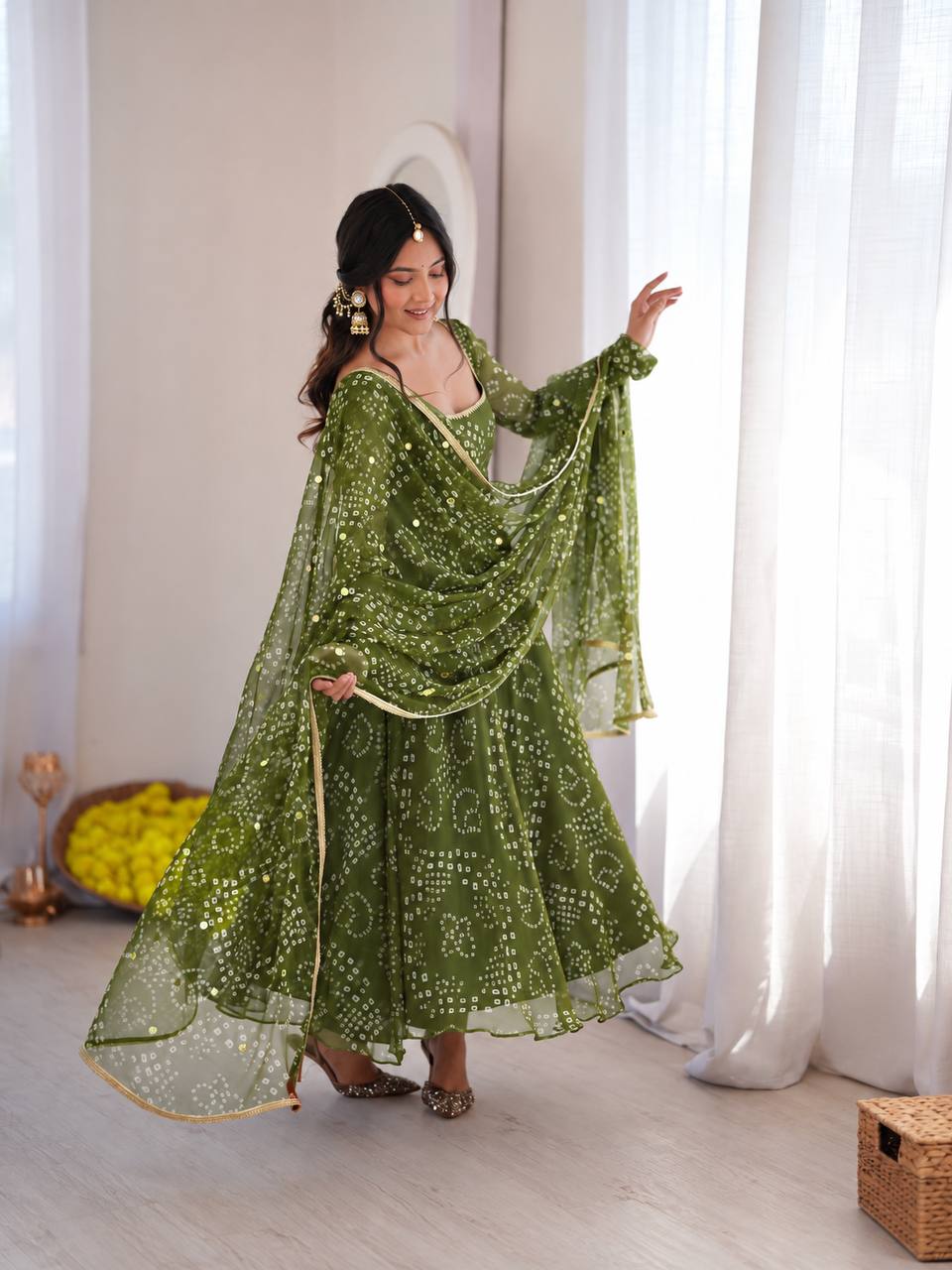 Bandhani Print Anarkali Suit with Mirror Work Dupatta - Olive Green - 2