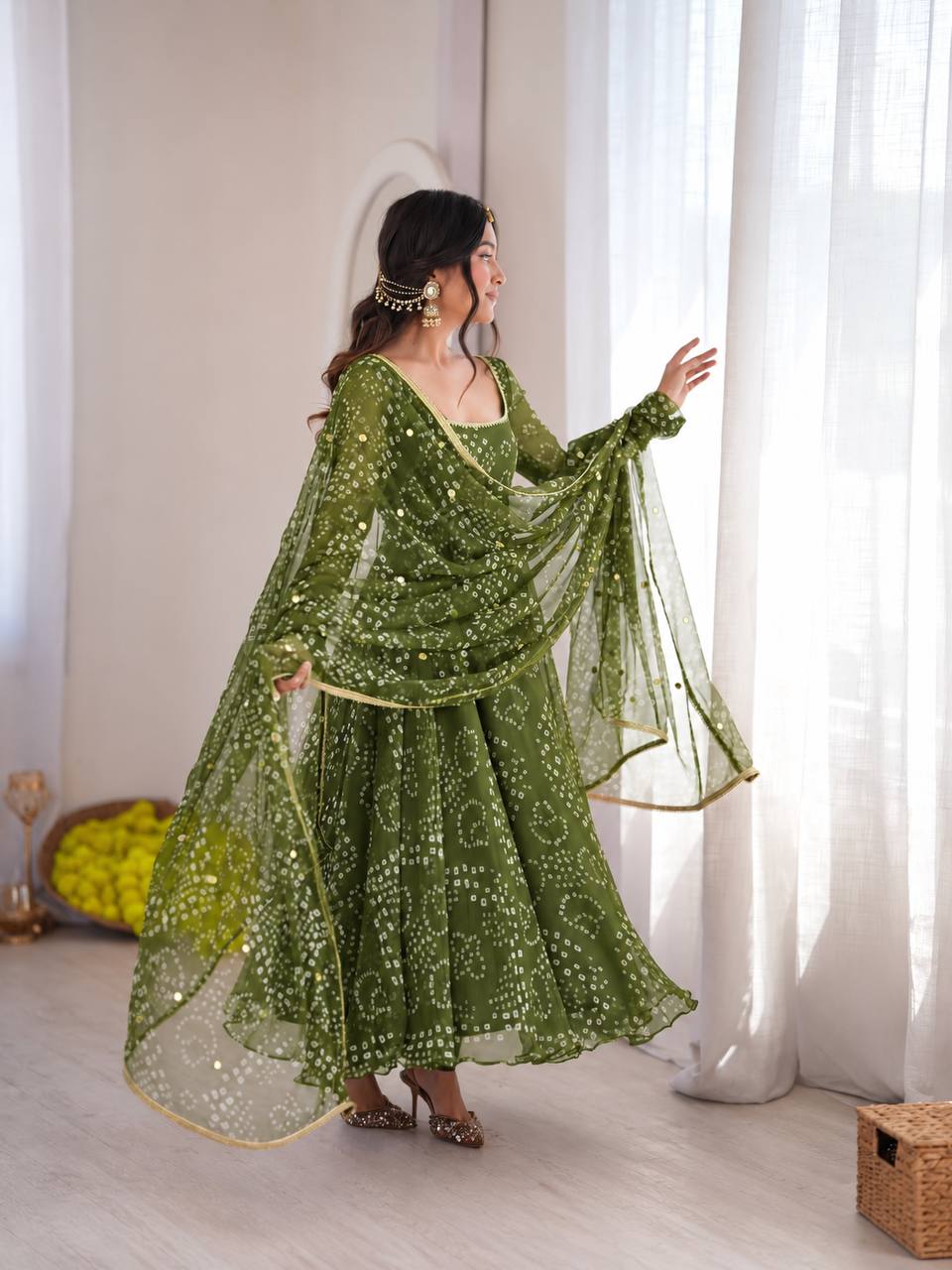 Bandhani Print Anarkali Suit with Mirror Work Dupatta - Olive Green - 3