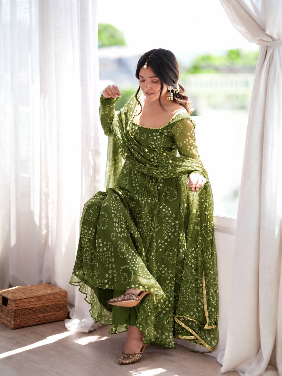 Bandhani Print Anarkali Suit with Mirror Work Dupatta - Olive Green - 4