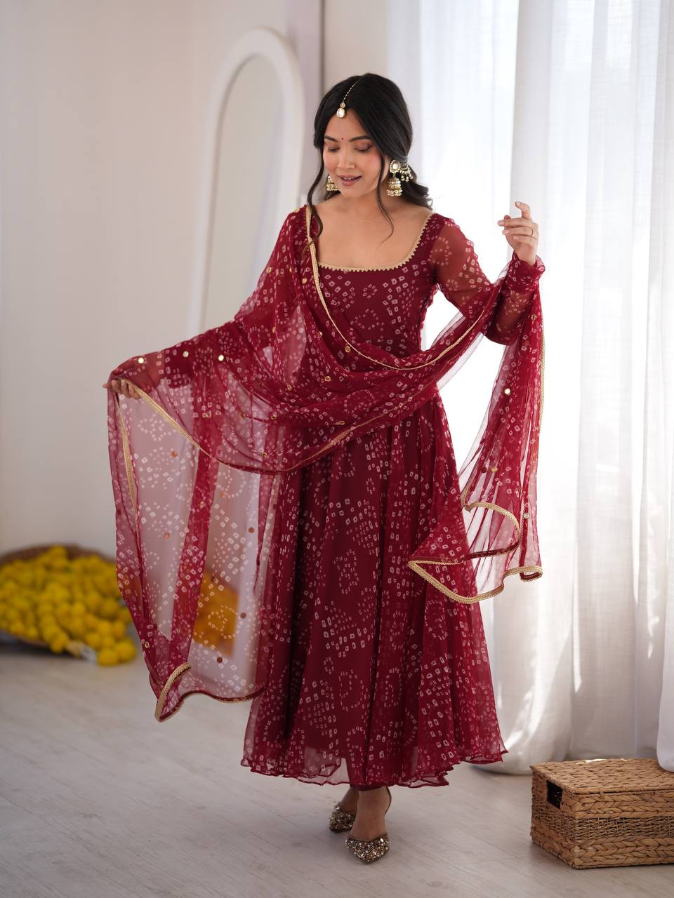 Bandhani Print Anarkali Suit with Mirror Work Dupatta - Maroon - 1