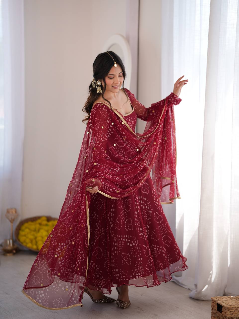 Bandhani Print Anarkali Suit with Mirror Work Dupatta - Maroon - 2